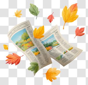Newspaper Flying In The Air - Paired Newspapers Surrounded By Fall Leaves Transparent PNG