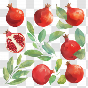 Pomegranate - Watercolor Pomegranate Illustrations With Leaves Transparent PNG