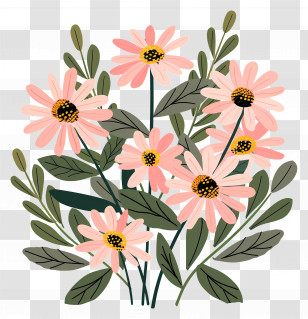 Daisy Flowers - Pink Wildflowers Bouquet With Lush Green Leaves Transparent PNG