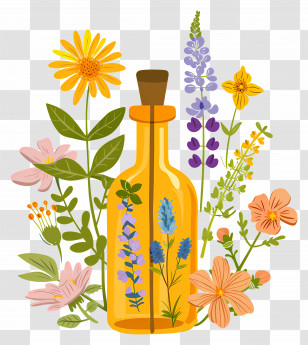 Flower Essences - Elegant Flower And Essential Oil Bottle Arrangement Transparent PNG