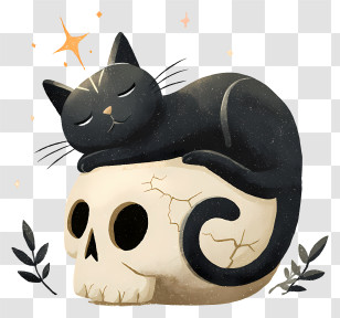 Black Cat On Human Skull - Sleeping Cat On Skull Transparent PNG