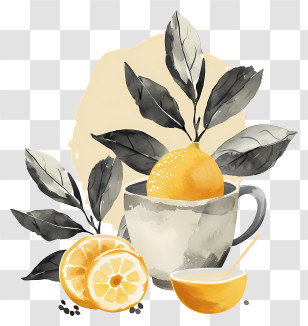 Lemon Tea - Artistic Lemon Tea Illustration With Botanical Elements Transparent PNG