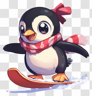 Penguin Ski - Penguin Snowboarding With Red Scarf Transparent PNG