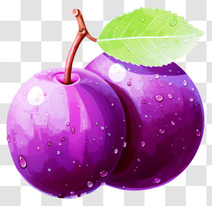 Watercolor Plum - Fresh Purple Plums With Green Leaf Transparent PNG