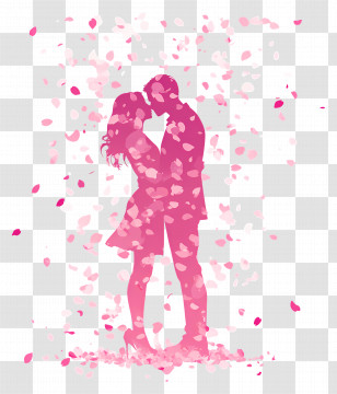 Pink Kiss - Romantic Silhouette Couple With Petals Transparent PNG