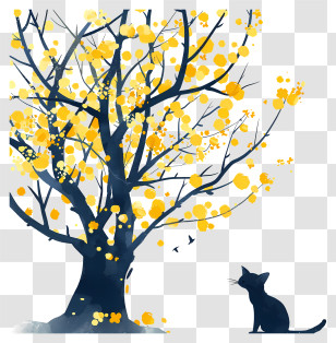 Cat Under Tree - Yellow Tree With Cat Silhouette Transparent PNG
