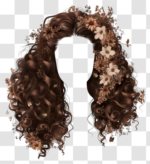 Wig - Elegant Brown Curly Hair With Floral Accents Transparent PNG