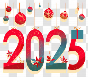 2025 New Year - Festive 2025 Design With Ornaments Transparent PNG