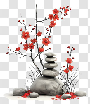 Zen Flower Arrangement - Zen Garden With Red Flowers And Stones Transparent PNG