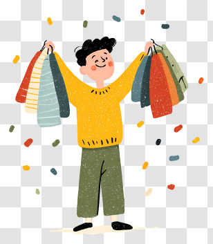Cartoon Person Holding Clothes - Happy Shopper Holding Colorful Clothes Transparent PNG