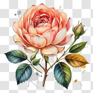 Cartoon - Watercolor Pink Rose With Delicate Leaves Transparent PNG