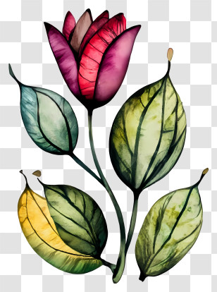 Flower Painting - Single Flower With Leaves Transparent PNG
