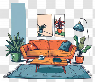 Living Room - Cozy Living Room With Orange Sofa And Potted Plants Transparent PNG