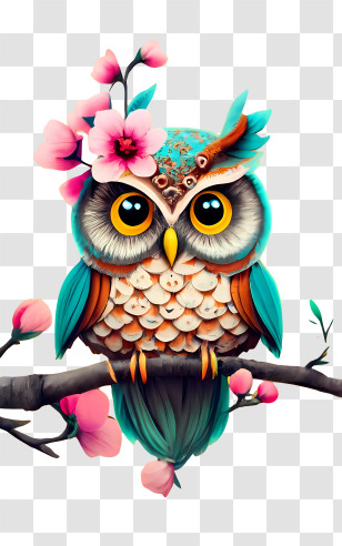 Cartoon Owl - Whimsical Owl Adorned With Pink Flowers Transparent PNG