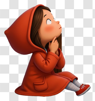 Dreamy Cartoon Girl - Thoughtful Girl In Red Hood Transparent PNG