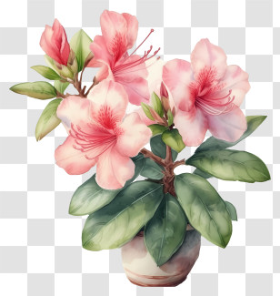 Detailed Illustrations - Pink Azalea Flowers In Decorative Pot Transparent PNG