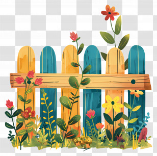 Garden Fence - Colorful Wooden Garden Fence With Flowers Transparent PNG