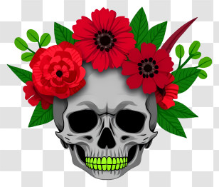 Halloween Skull Flowers - Skull With Red Flowers Transparent PNG