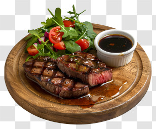 Steak - Grilled Steak With Fresh Salad On A Wooden Plate Transparent PNG