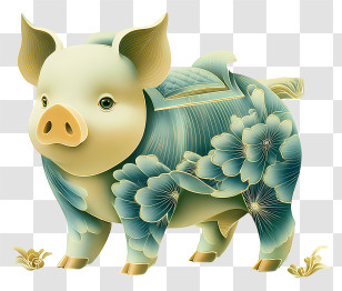 Chinese Zodiac - Cute Teal Floral Piglet Illustration Transparent PNG