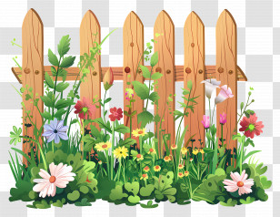 Garden Fence - Beautiful Wooden Fence With Colorful Wildflowers Transparent PNG