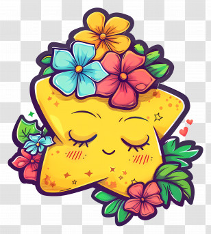 Kawaii Star - Yellow Star With Colorful Flowers Transparent PNG
