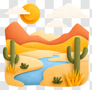 Sunny Desert Landscape - Cactus River Desert Scene Transparent PNG
