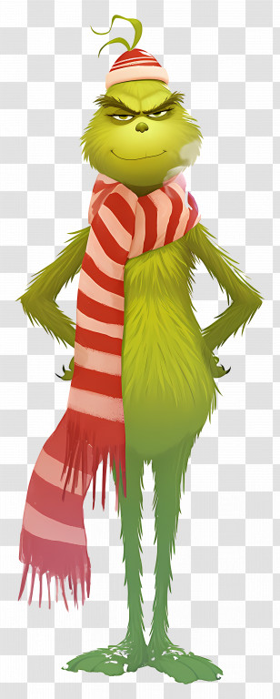 Cartoon Grinch - Green Character With Striped Scarf Transparent PNG