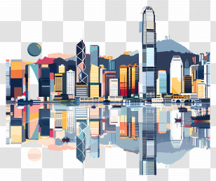 Hong Kong Skyline - Cityscape Illustration With Water Reflection Transparent PNG