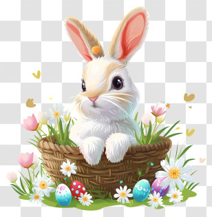 Easter Bunny Icon - Adorable Bunny In A Basket With Easter Eggs Transparent PNG