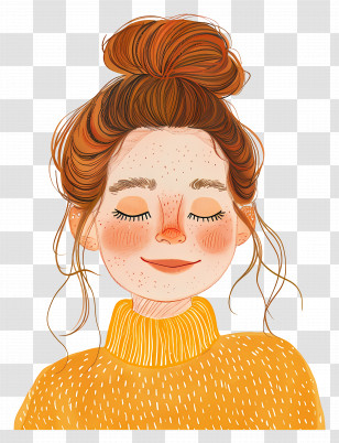 Smiling Woman Head - Woman With Bun Hairstyle And Closed Eyes Transparent PNG