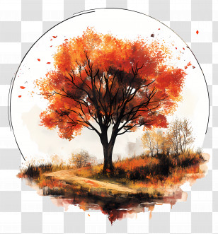 Tree Landscape - Vibrant Autumn Tree With Falling Leaves Transparent PNG