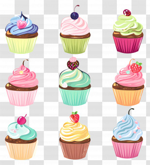 Cute Cupcake - Colorful Cupcake Set With Frosting Designs Transparent PNG