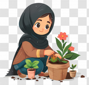 Hijab Girl Doing Gardening - Cartoon Girl Planting Flowers In Garden Transparent PNG