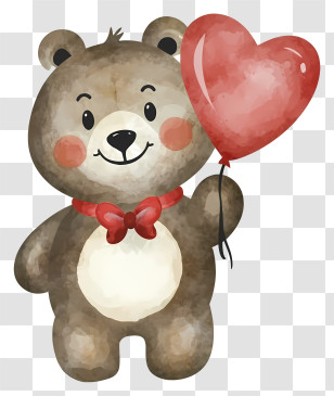 Cartoon - Cute Watercolor Bear Holding Heart Balloon Transparent PNG