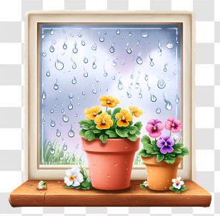 Potted Flowers On Rainy Window Transparent PNG