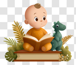 Baby With Storybook - Baby Reading With Dinosaur Toy Transparent PNG