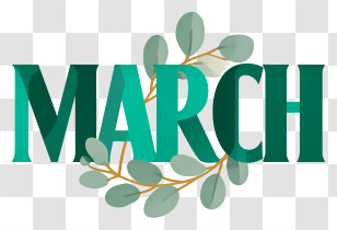March - March Green Leaf Lettering Transparent PNG