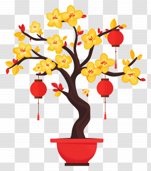 Yellow Flowers - Yellow Flower Tree With Red Lanterns For Chinese New Year Transparent PNG