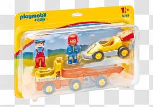 PLAYMOBIL Tow Truck With Race Car Building Set Playmobil 1.2.3 Airport Shuttle Bus Toy - Yellow Transparent PNG