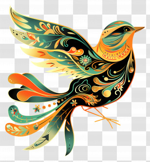 Line Art - Colorful Bird With Ornate Feathers Transparent PNG