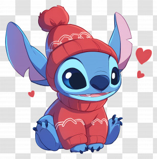 Stitch Love - Blue Cartoon Creature In Red Winter Hat Transparent PNG