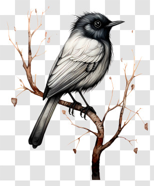 Bird - Illustrated Songbird Perched On Branch Transparent PNG