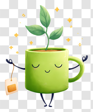 Tea Mug With Tea Bag - Cute Green Tea Cup With Sprout Transparent PNG