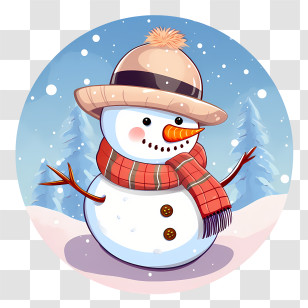 Snowman - Cheerful Snowman With Hat In Winter Scene Transparent PNG