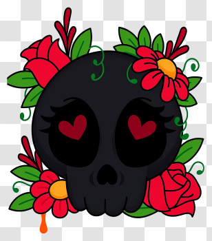 Halloween Skull Flowers - Black Skull With Heart Eyes And Flowers Transparent PNG