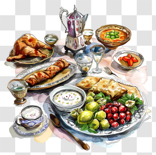 Ramadan Feast - Illustrated Feast On Table Transparent PNG
