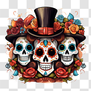 Dia De Los Muertos - Traditional Sugar Skulls With Flowers And Top Hat Illustration Transparent PNG