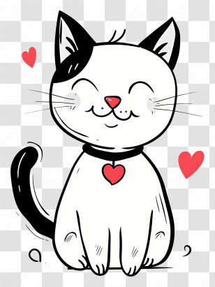 Cat Outline - Smiling Cartoon Cat With Hearts Illustration Transparent PNG