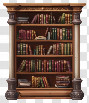 Bookcase - Ornate Wooden Bookshelf With Stacked Books Transparent PNG